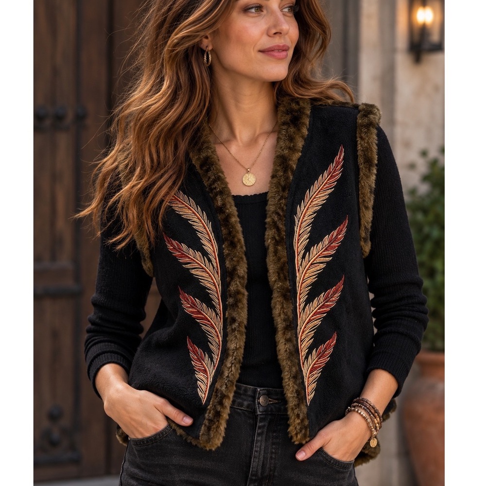 Bob Mackie Fleece Vest Womens Medium Black Faux Fur Embroidered Boho Art to Wear